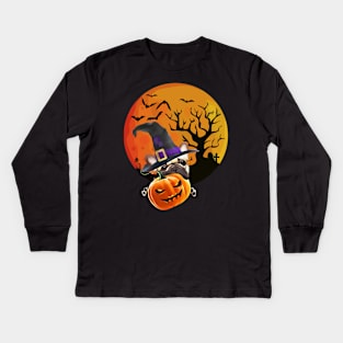 French bulldog, witch hat, scary halloween, jack pumpkin, spooky moon Kids Long Sleeve T-Shirt